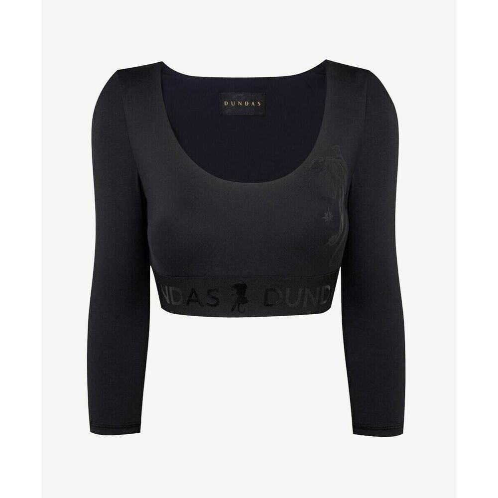 $130 DUNDAS Noor Black Logo Crop Top Long Sleeve Designer Stretch Athleisure M